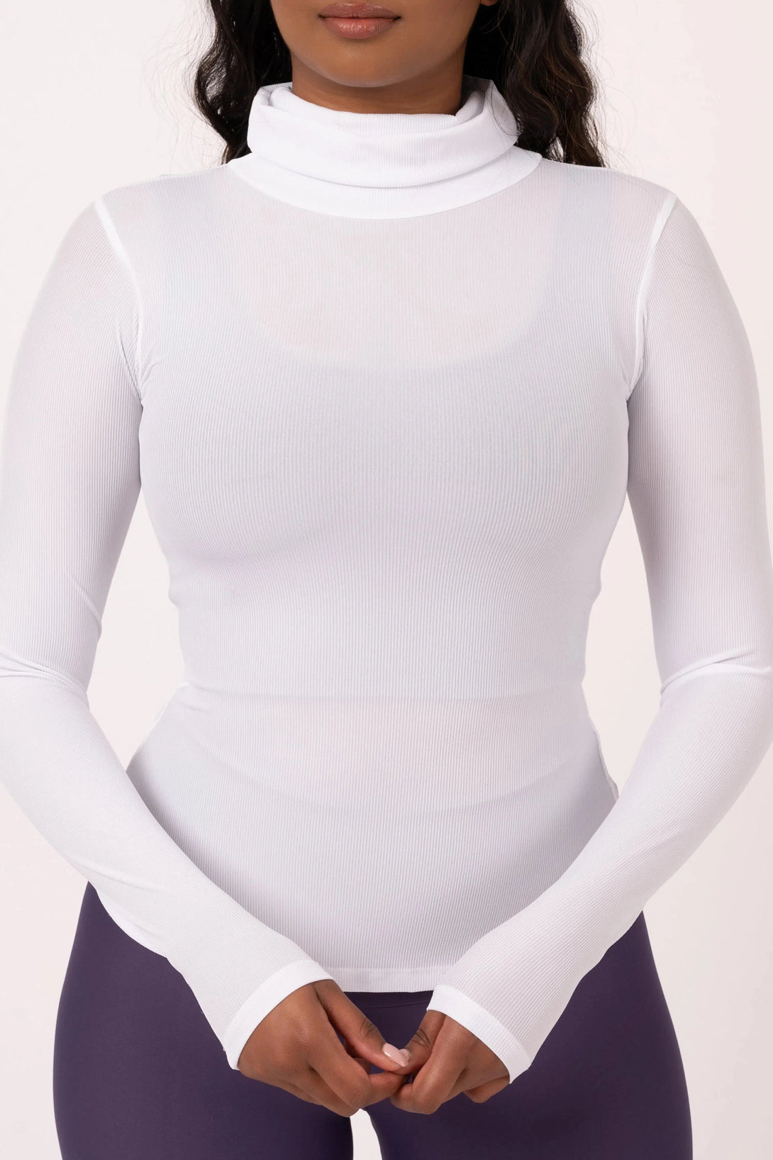 Rib Knit Fitted Turtle Neck W Long Sleeves - White-Activewear-Exoticathletica