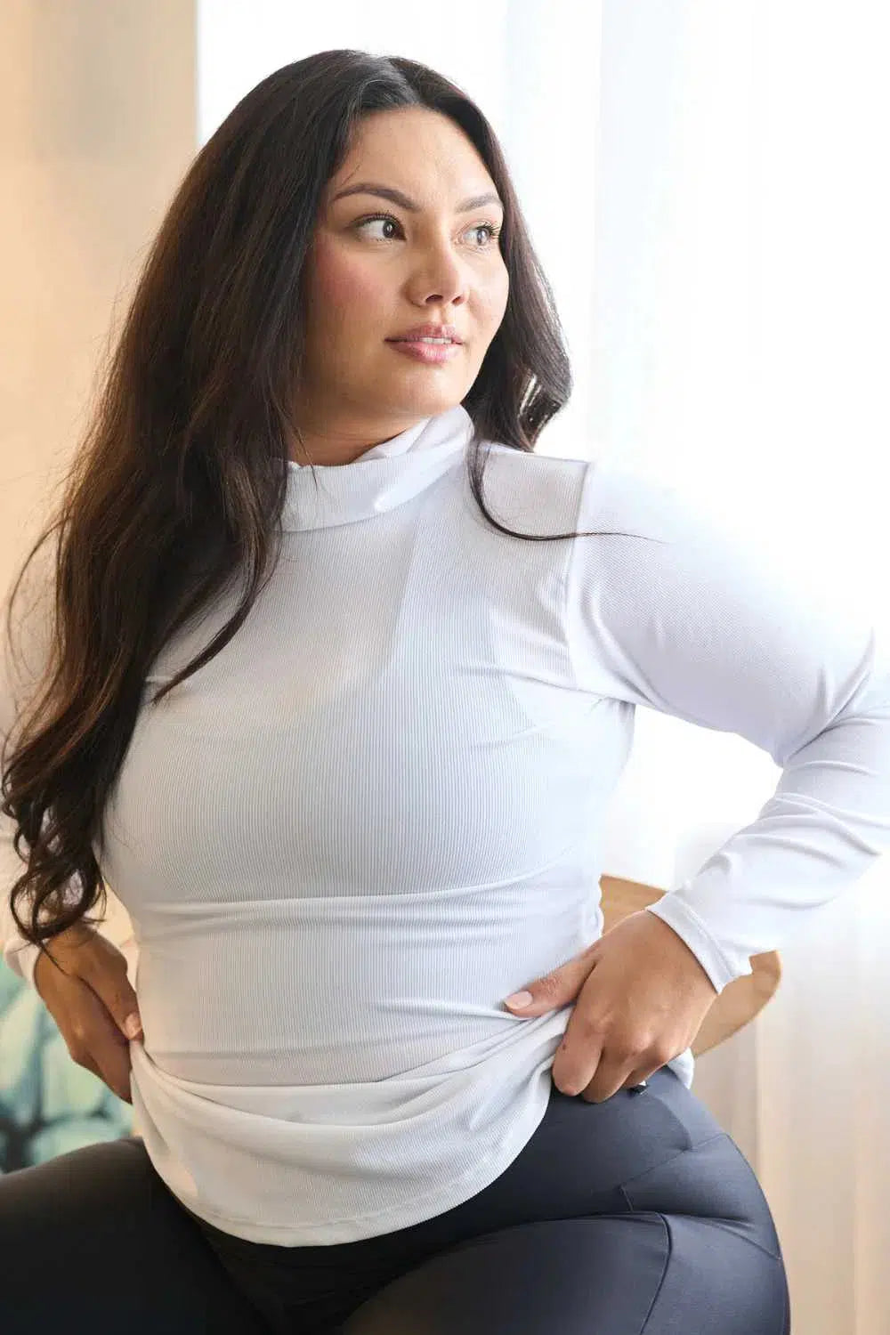 Rib Knit Fitted Turtle Neck W Long Sleeves - White-Activewear-Exoticathletica