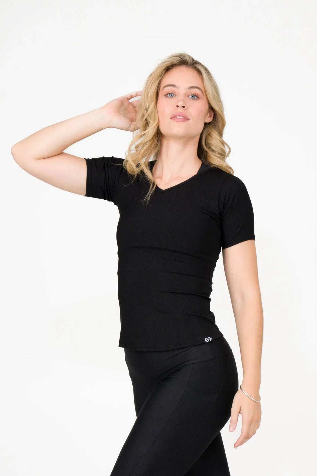 Rib Knit Fitted V Neck Tee - Black-Activewear-Exoticathletica