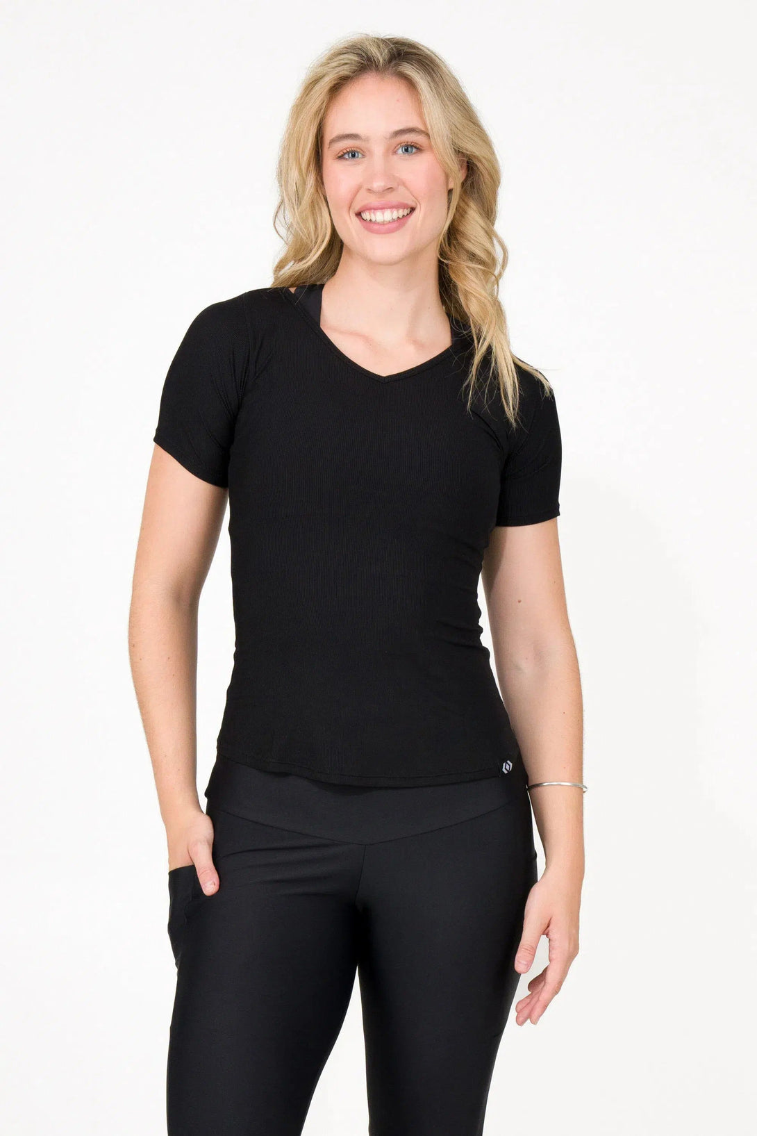 Rib Knit Fitted V Neck Tee - Black-Activewear-Exoticathletica