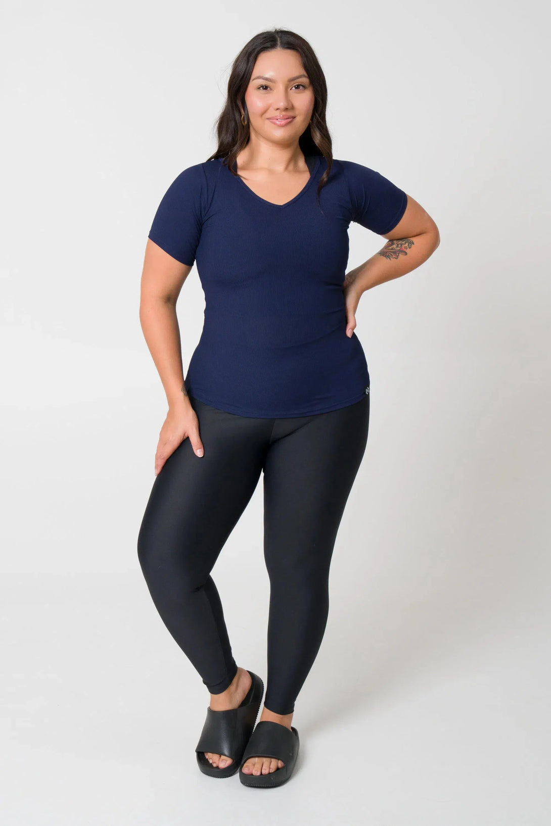 Rib Knit Fitted V Neck Tee - Navy-Activewear-Exoticathletica