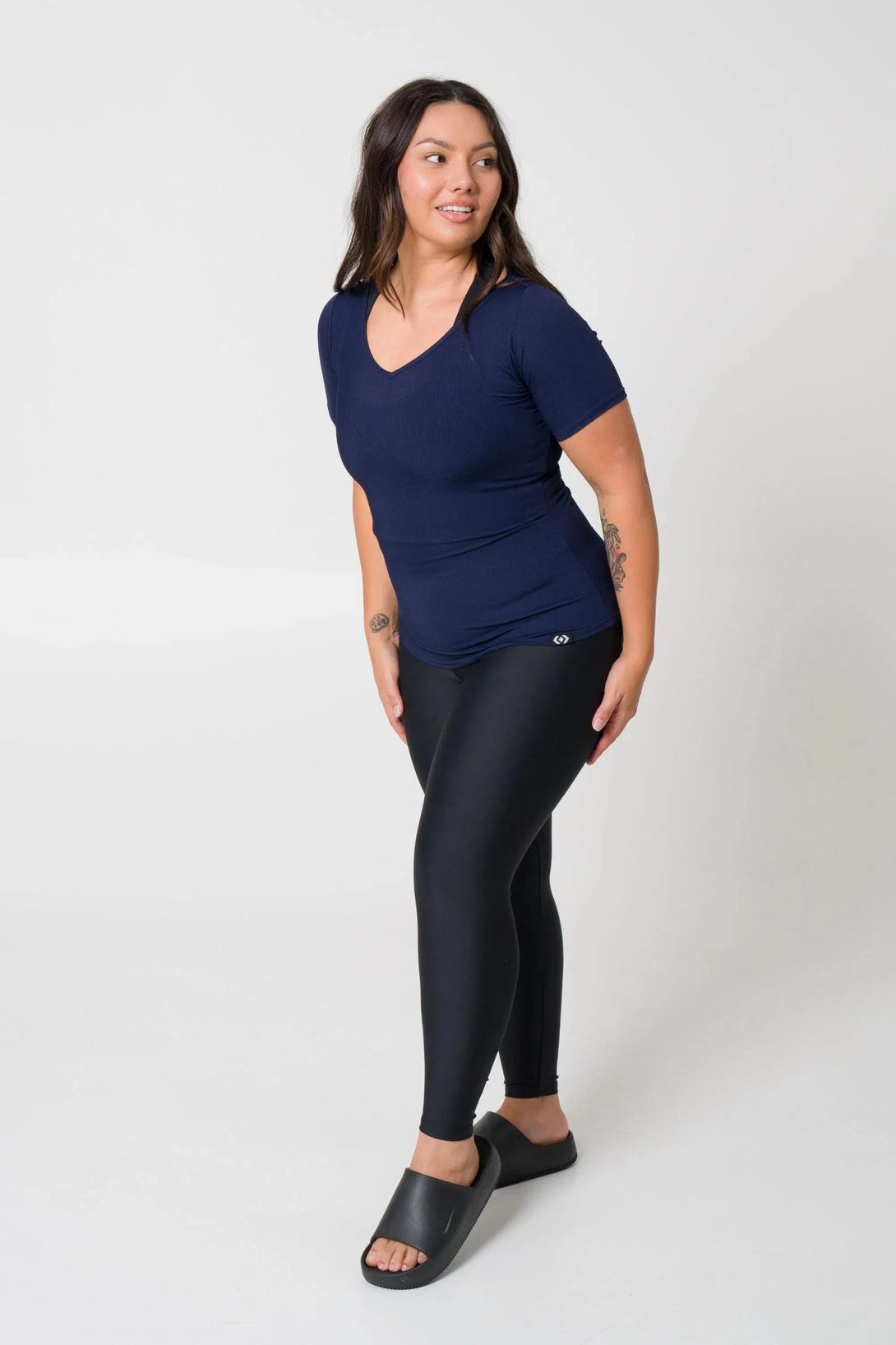 Rib Knit Fitted V Neck Tee - Navy-Activewear-Exoticathletica