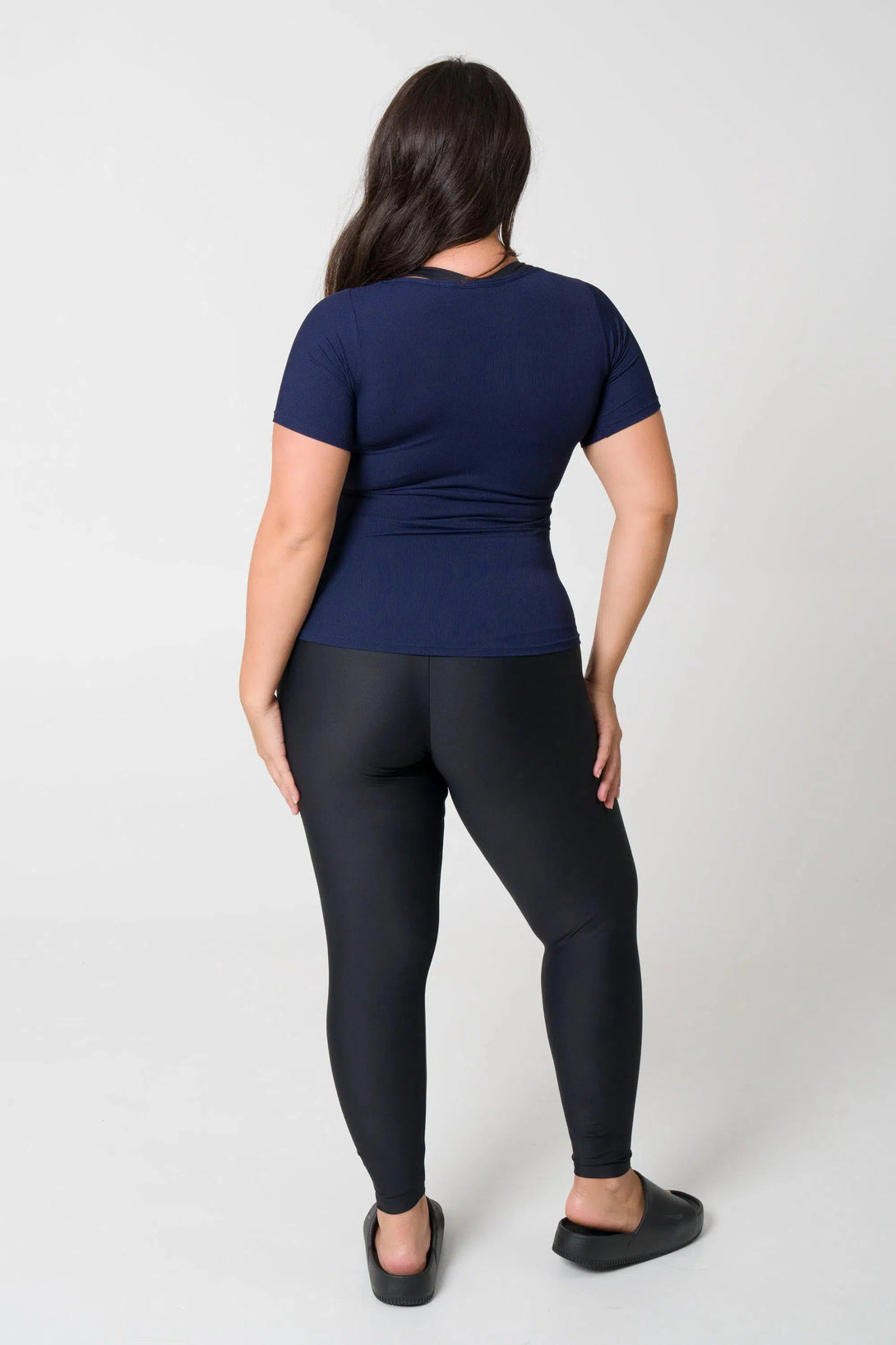 Rib Knit Fitted V Neck Tee - Navy-Activewear-Exoticathletica