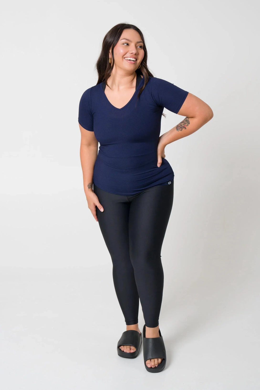 Rib Knit Fitted V Neck Tee - Navy-Activewear-Exoticathletica