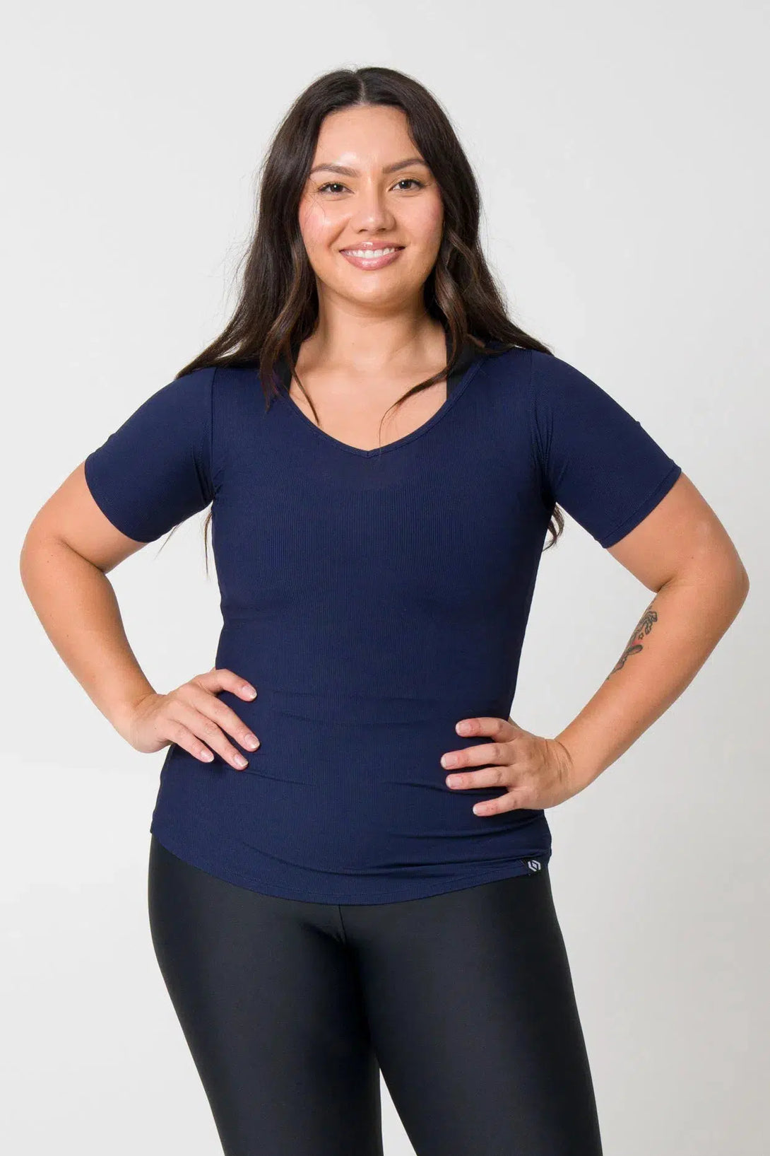 Rib Knit Fitted V Neck Tee - Navy-Activewear-Exoticathletica