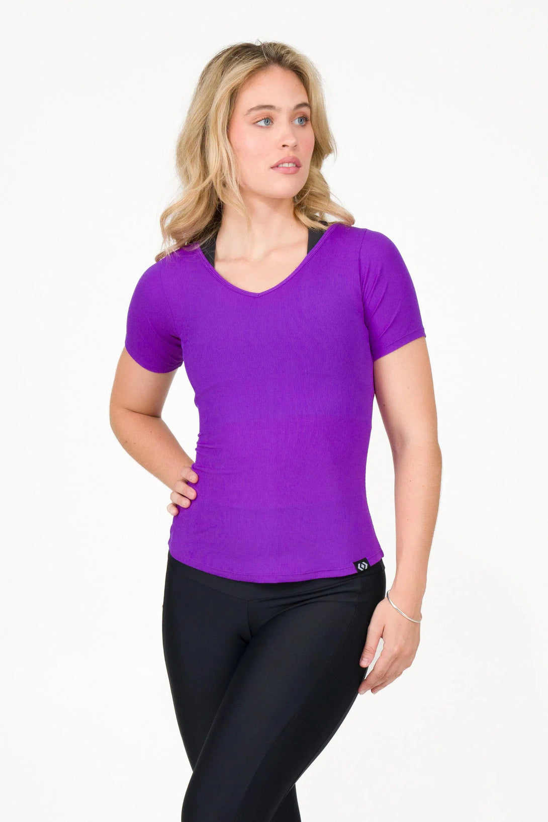 Rib Knit Fitted V Neck Tee - Purple-Activewear-Exoticathletica