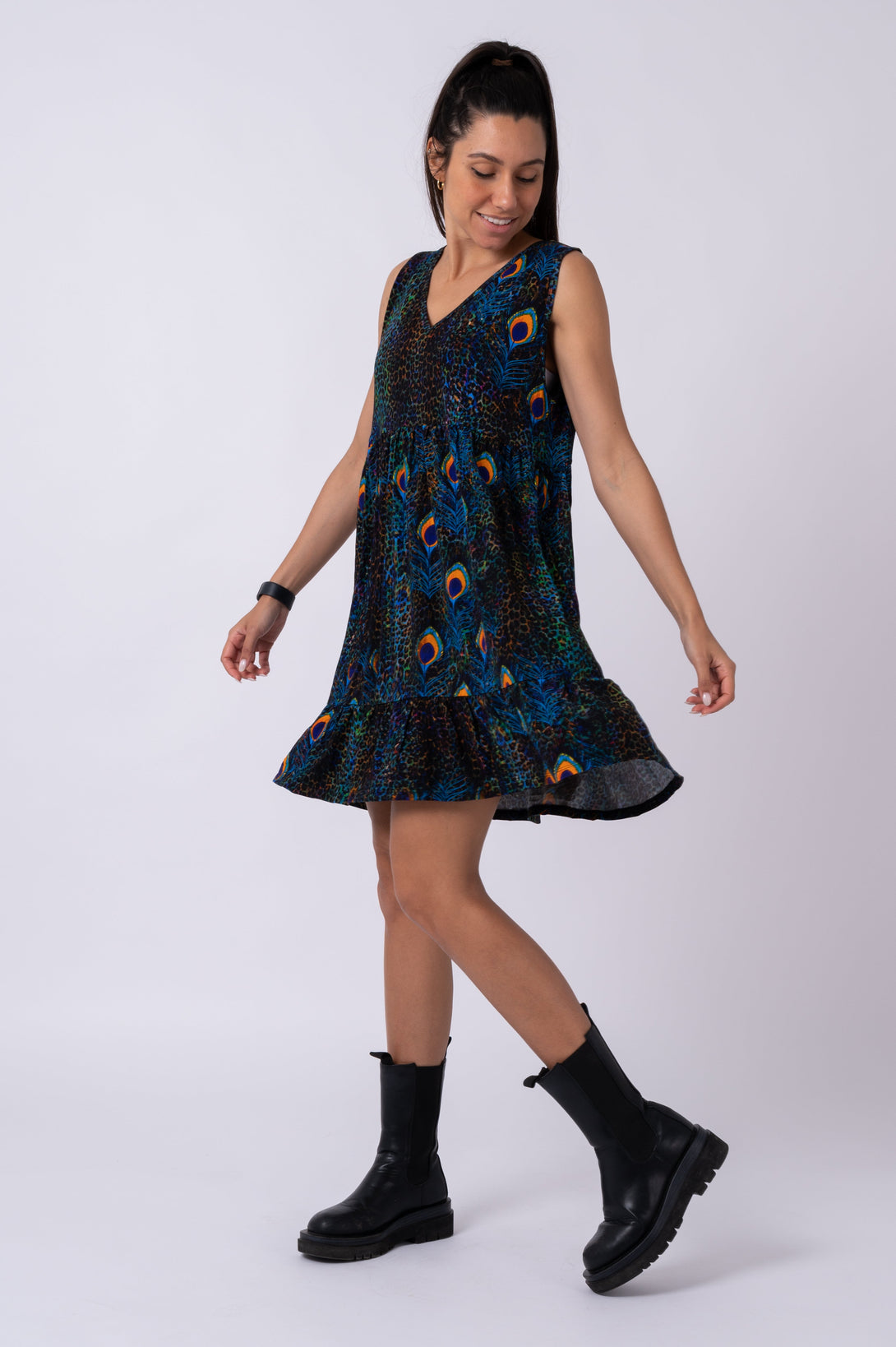 Rock Around The Peacock Slinky To Touch - Sleeveless Baby Doll Tiered V Neck Mini Dress-Activewear-Exoticathletica