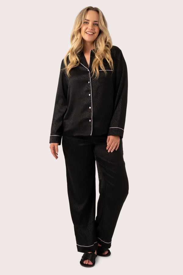 Satin Jacquard Long Sleeve Button Up Shirt & Pants Pyjama Set - Black Zebra-Activewear-Exoticathletica