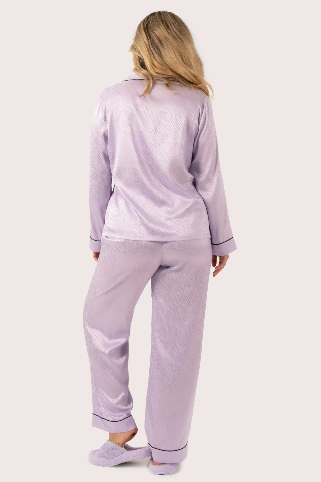 Satin Jacquard Long Sleeve Button Up Shirt & Pants Pyjama Set - Lilac Zebra-9358328298045-Activewear-Exoticathletica