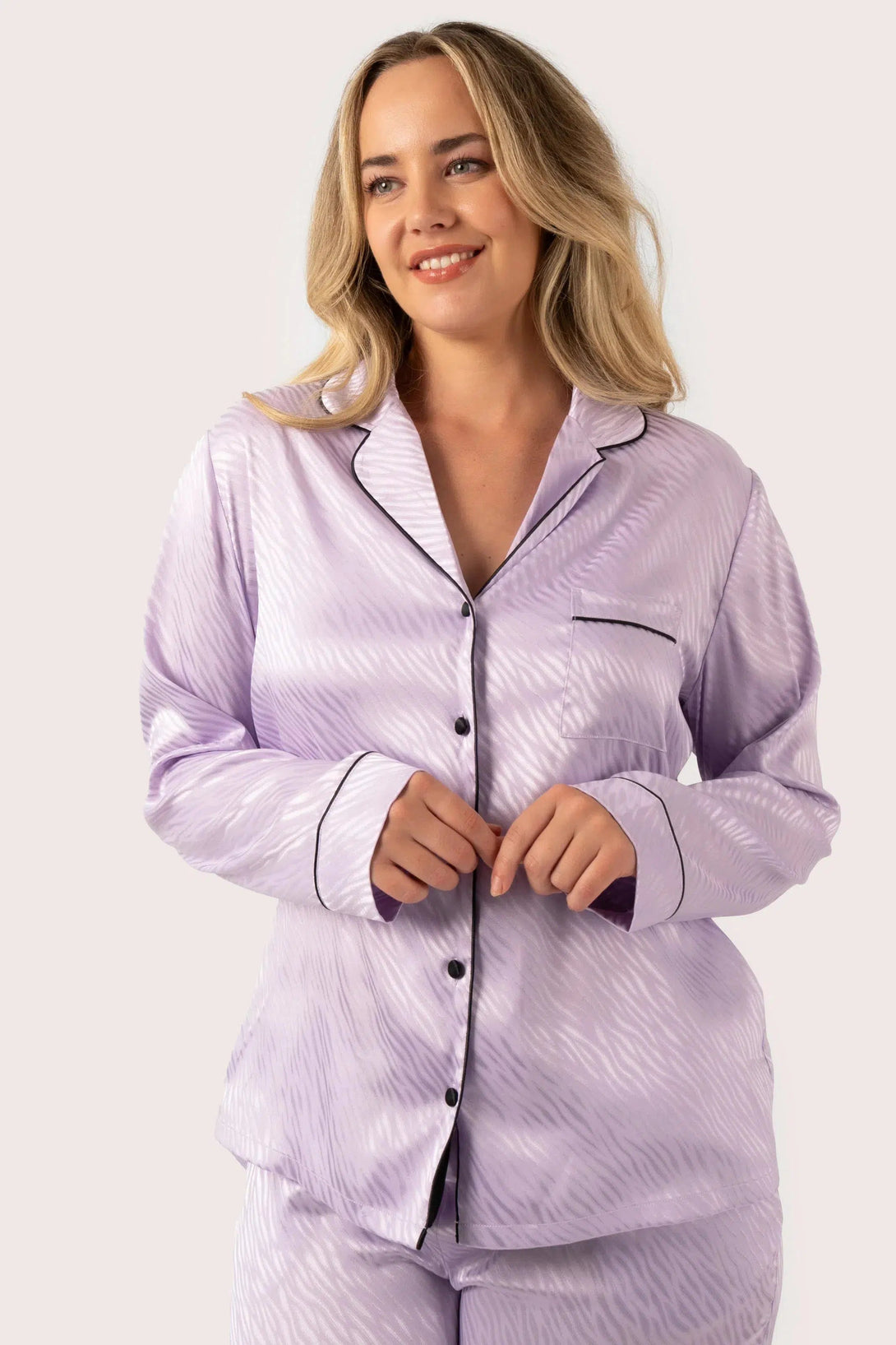 Satin Jacquard Long Sleeve Button Up Shirt & Pants Pyjama Set - Lilac Zebra-Activewear-Exoticathletica