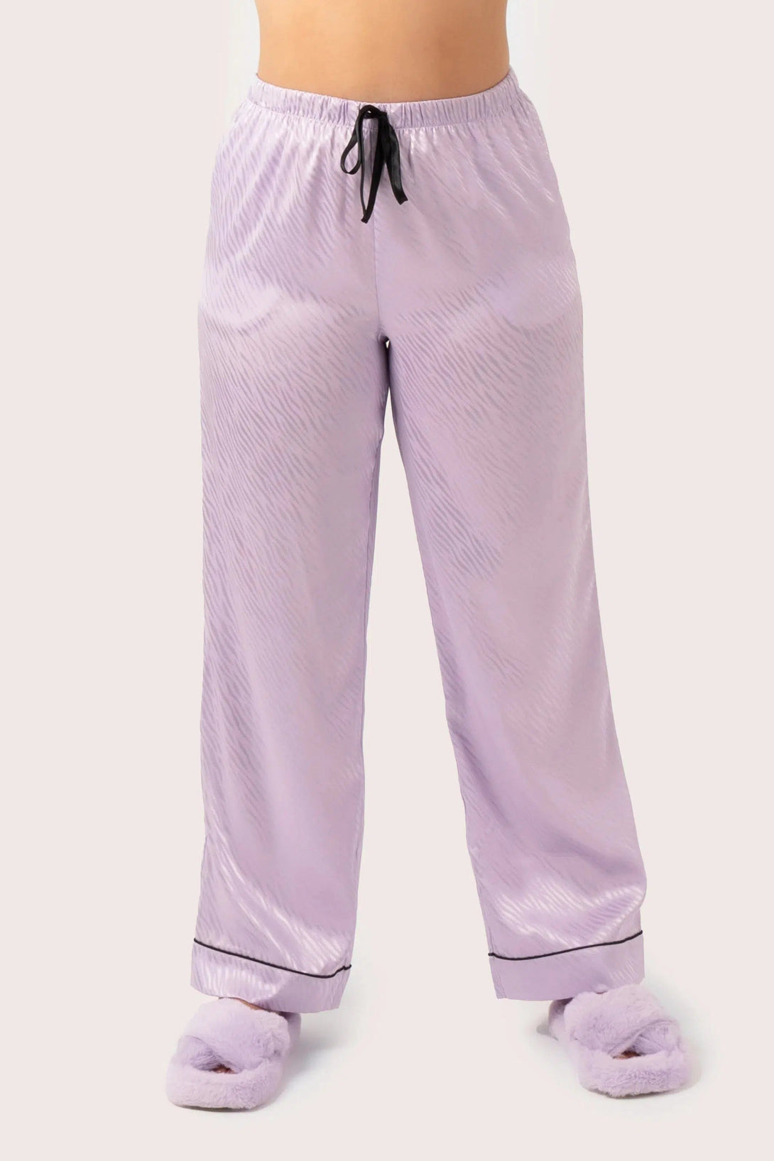 Satin Jacquard Long Sleeve Button Up Shirt & Pants Pyjama Set - Lilac Zebra-Activewear-Exoticathletica