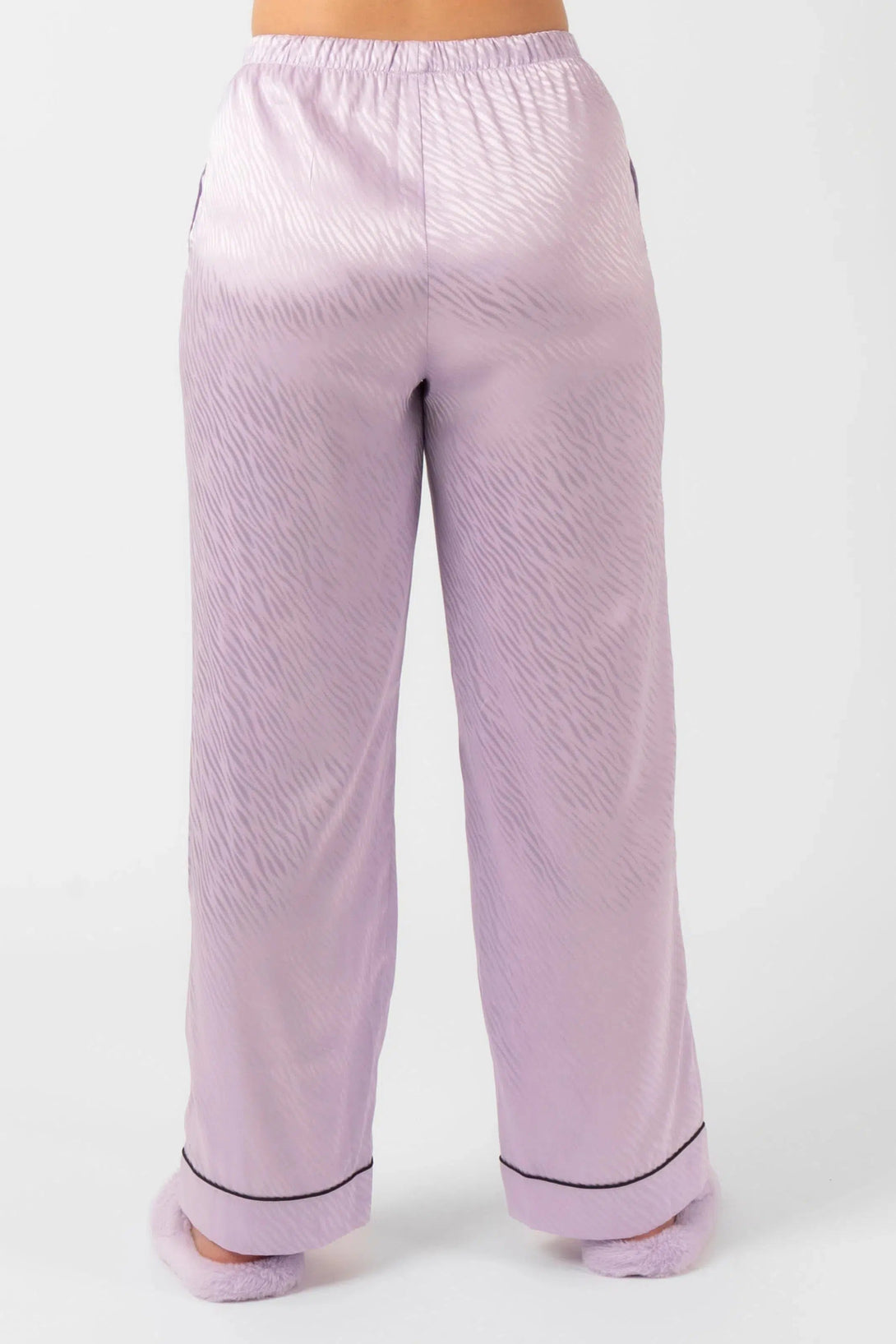 Satin Jacquard Long Sleeve Button Up Shirt & Pants Pyjama Set - Lilac Zebra-Activewear-Exoticathletica