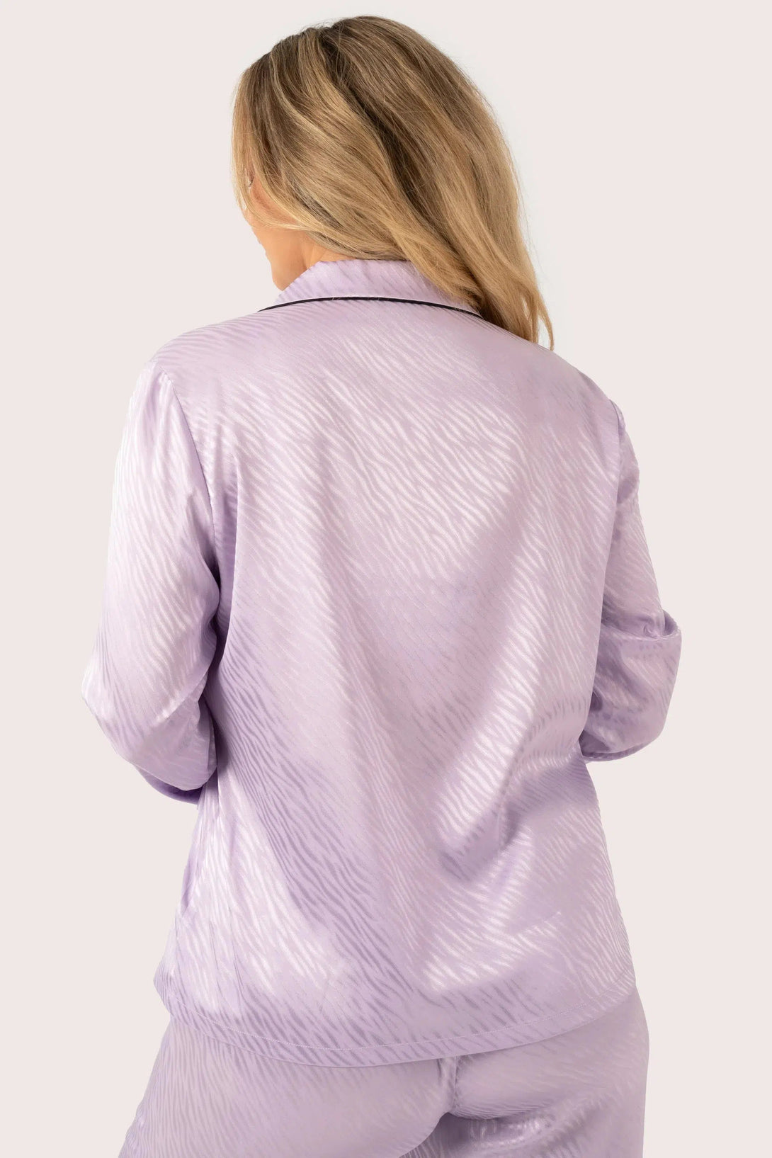 Satin Jacquard Long Sleeve Button Up Shirt & Pants Pyjama Set - Lilac Zebra-Activewear-Exoticathletica