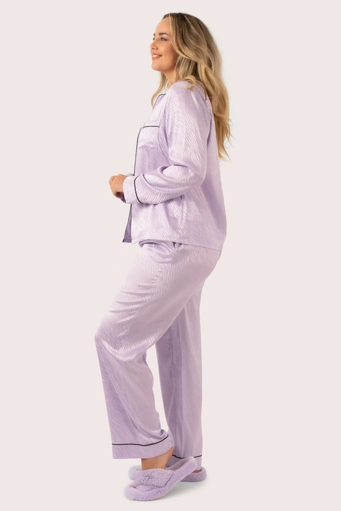 Satin Jacquard Long Sleeve Button Up Shirt & Pants Pyjama Set - Lilac Zebra-Activewear-Exoticathletica