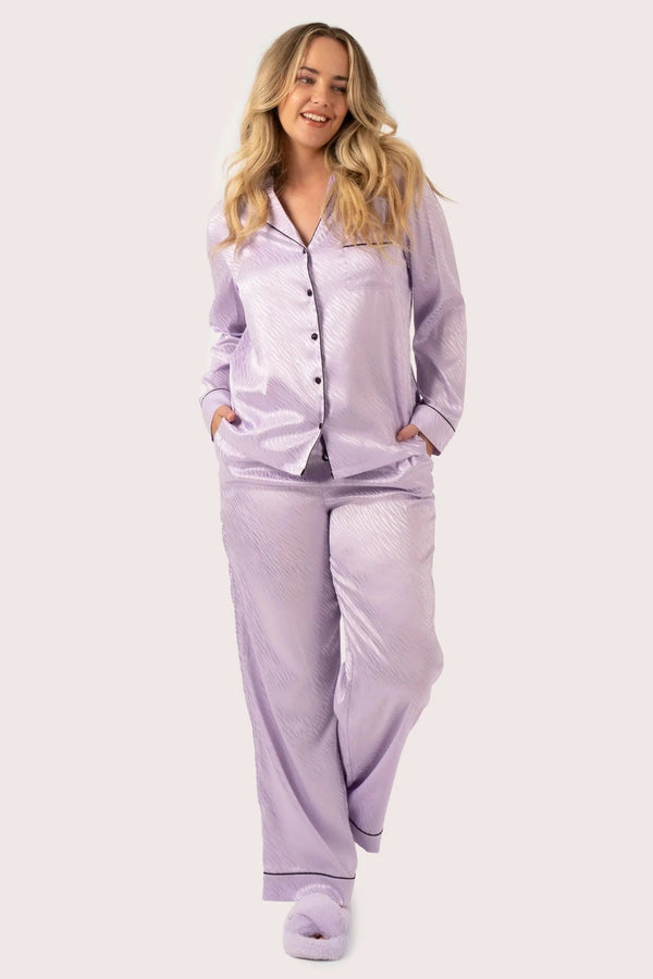 Satin Jacquard Long Sleeve Button Up Shirt & Pants Pyjama Set - Lilac Zebra-Activewear-Exoticathletica