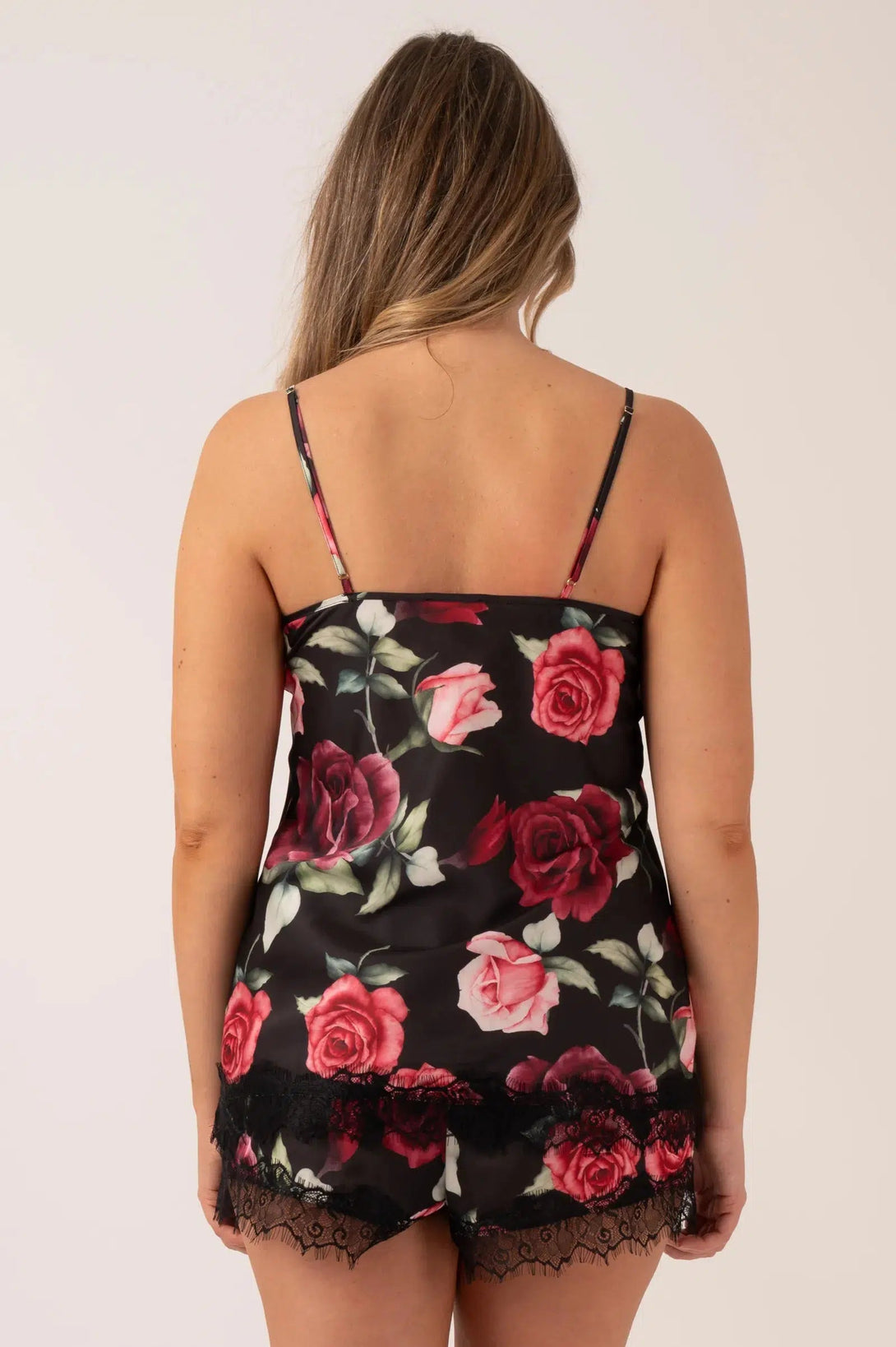 Satin Lace Trim Cami - Black Wild Roses-Activewear-Exoticathletica