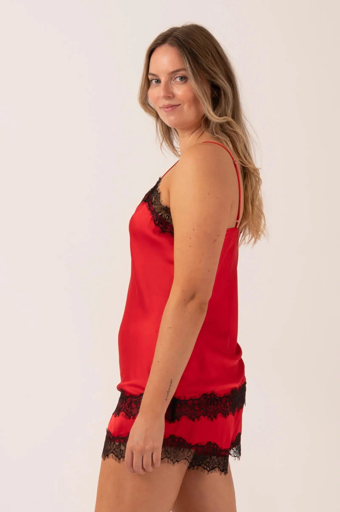 Satin Lace Trim Cami - Red-Activewear-Exoticathletica