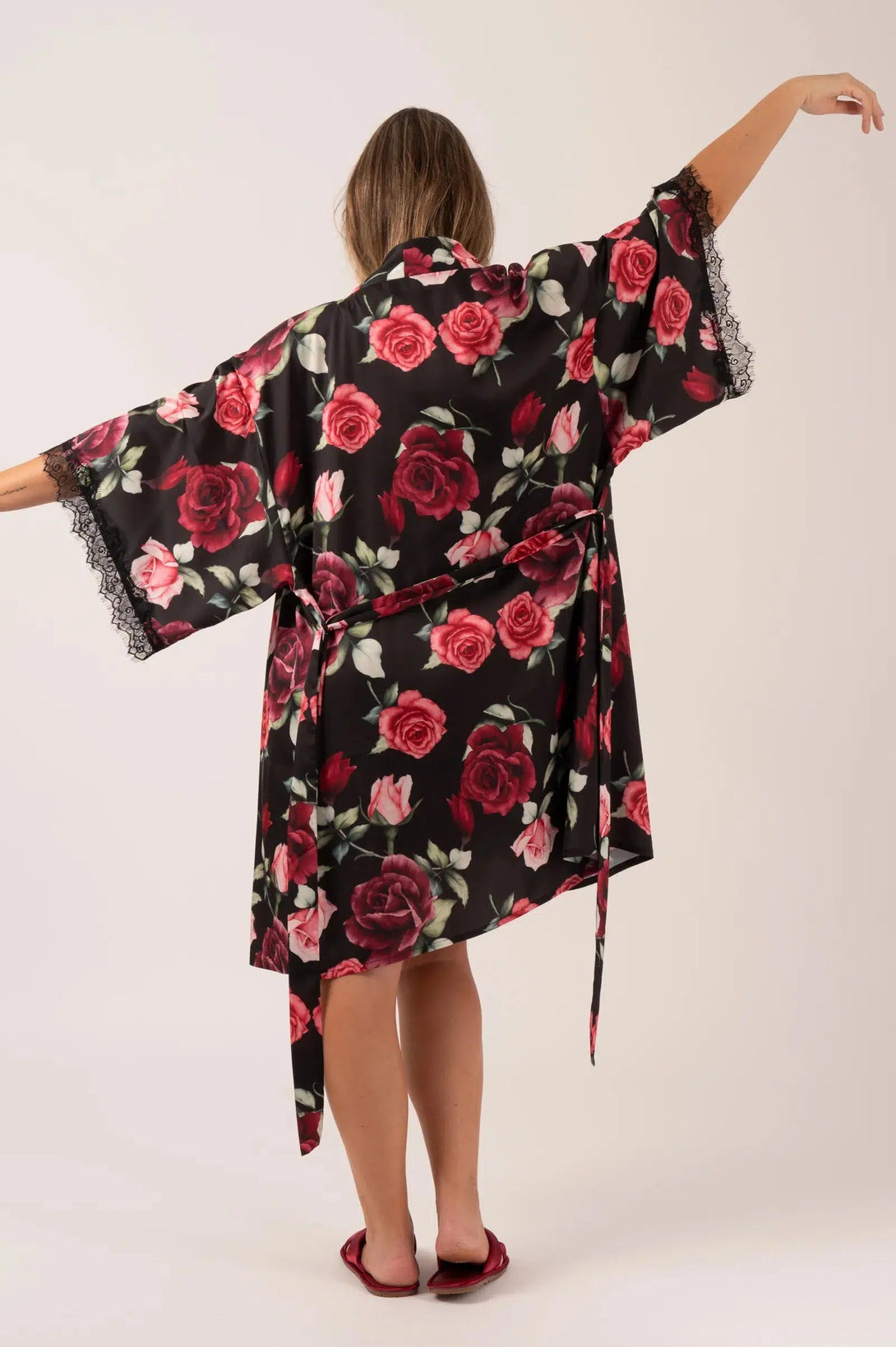 Satin Lace Trim Kimono Robe - Black Wild Roses-Activewear-Exoticathletica