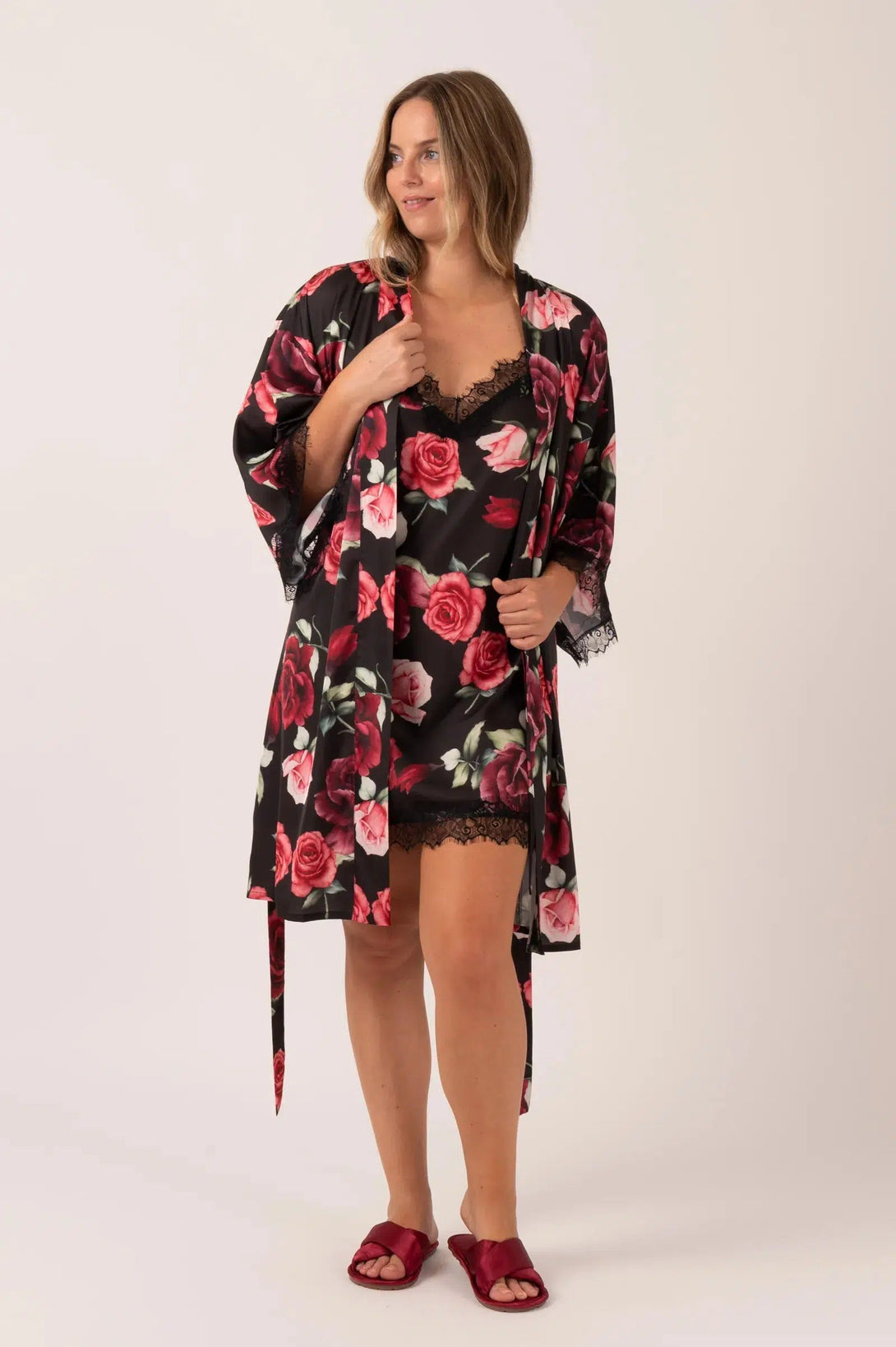 Satin Lace Trim Kimono Robe - Black Wild Roses-Activewear-Exoticathletica