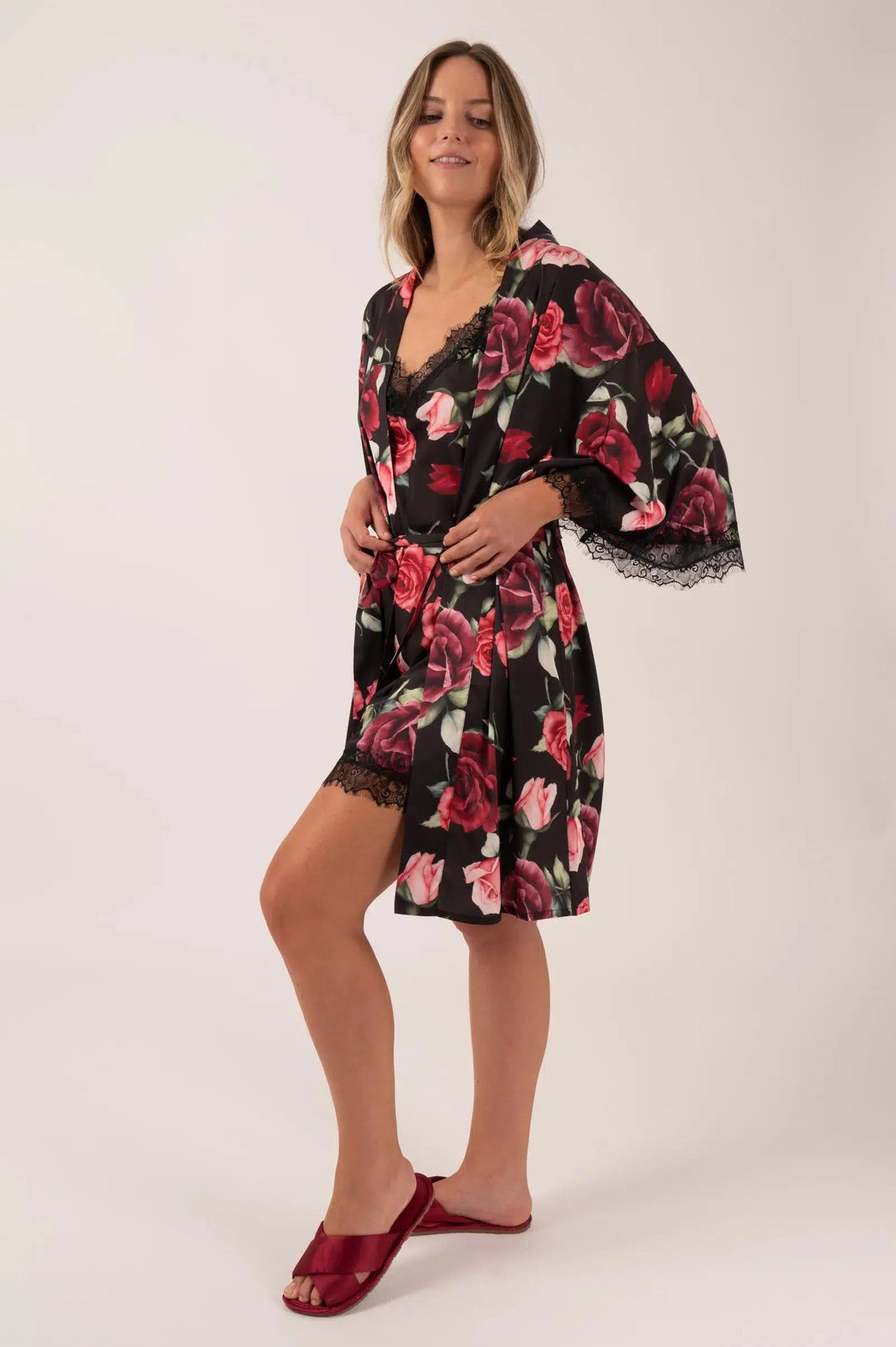 Satin Lace Trim Kimono Robe - Black Wild Roses-Activewear-Exoticathletica