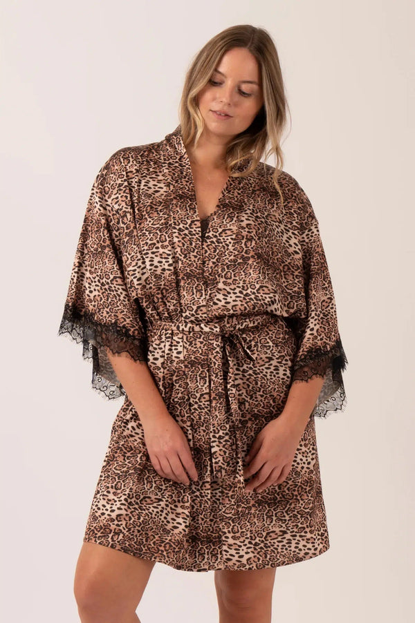 Satin Lace Trim Kimono Robe - Natural Primal Animal-9358328389606-Activewear-Exoticathletica