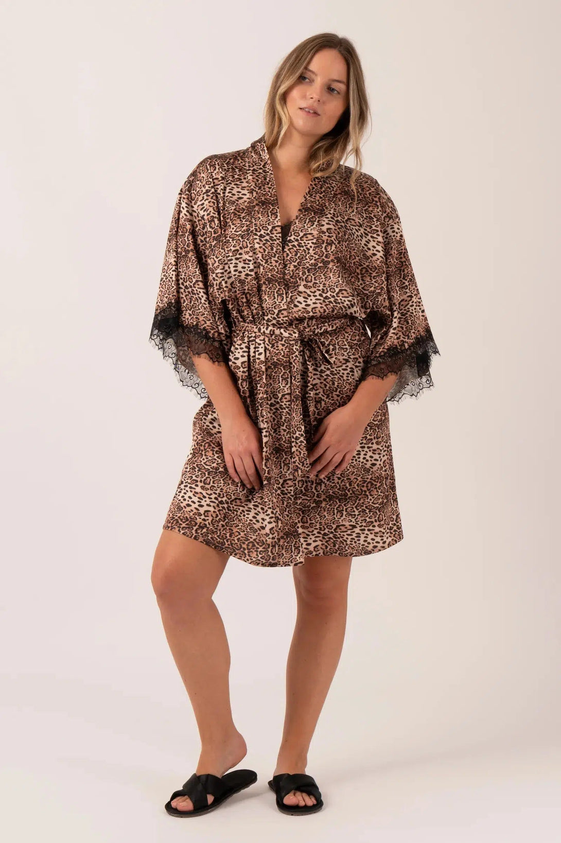 Satin Lace Trim Kimono Robe - Natural Primal Animal-Activewear-Exoticathletica