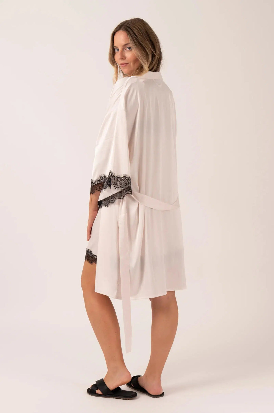 Satin Lace Trim Kimono Robe - Nude-Activewear-Exoticathletica