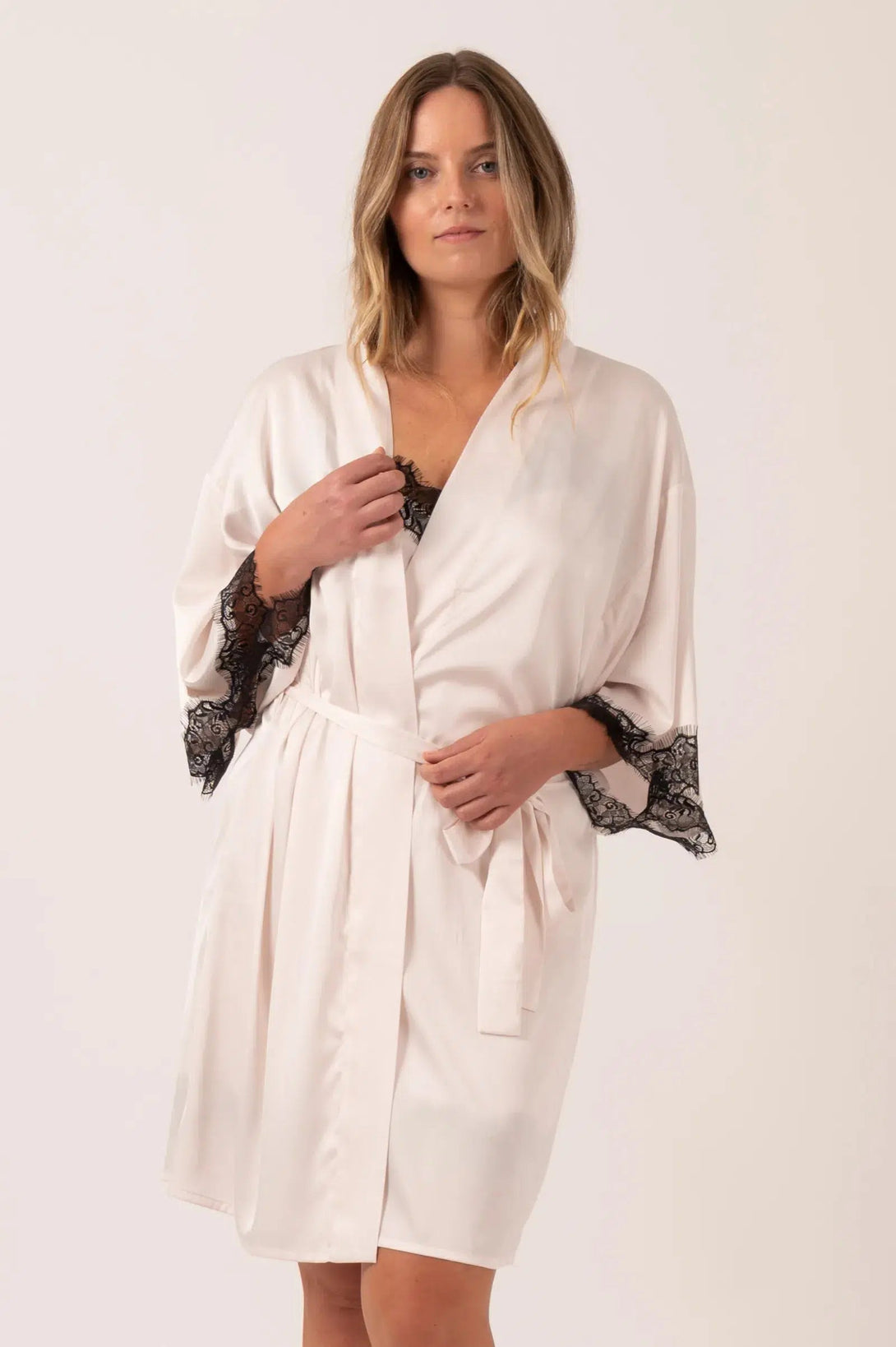 Satin Lace Trim Kimono Robe - Nude-Activewear-Exoticathletica