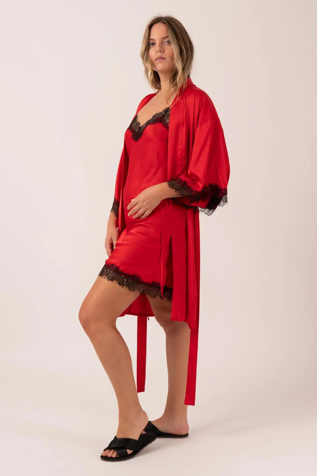 Satin Lace Trim Kimono Robe - Red-9358328388937-Activewear-Exoticathletica