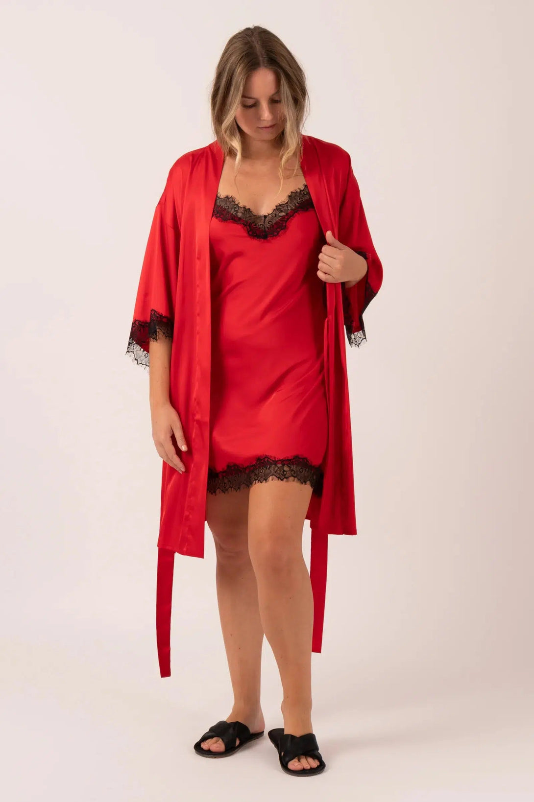 Satin Lace Trim Kimono Robe - Red-Activewear-Exoticathletica