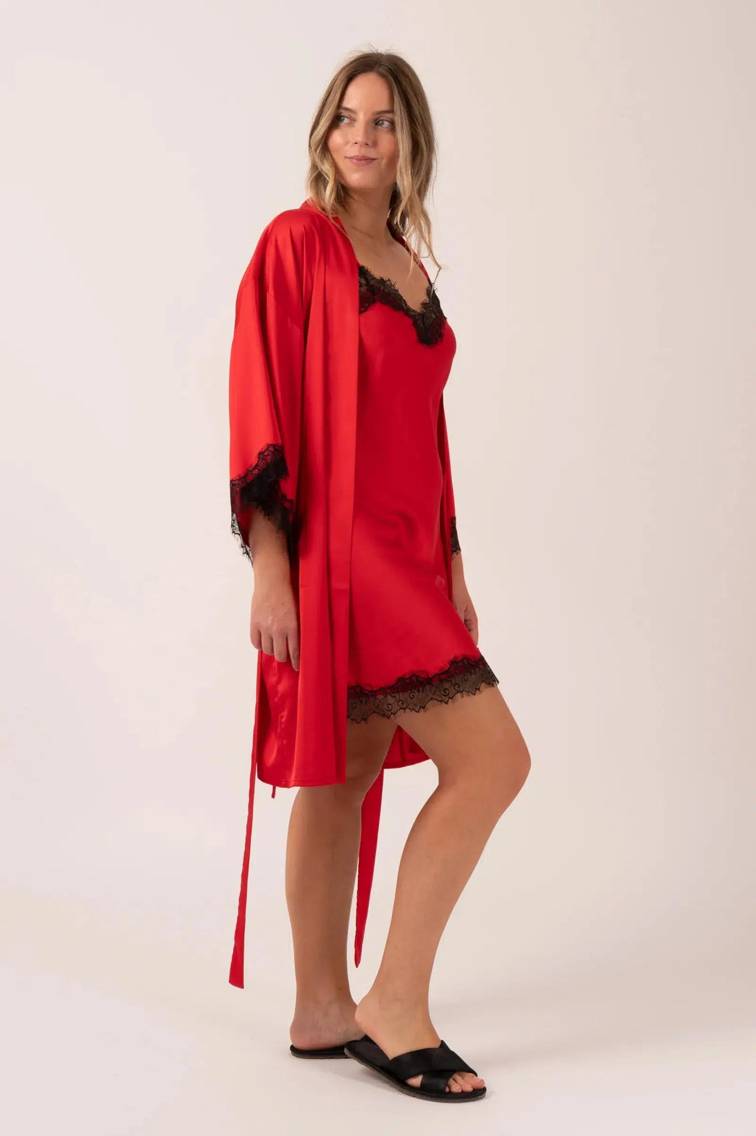 Satin Lace Trim Kimono Robe - Red-Activewear-Exoticathletica