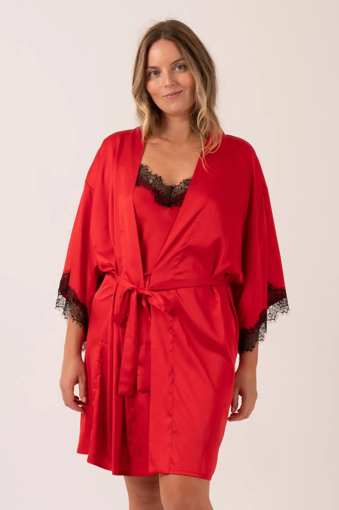 Satin Lace Trim Kimono Robe - Red-Activewear-Exoticathletica