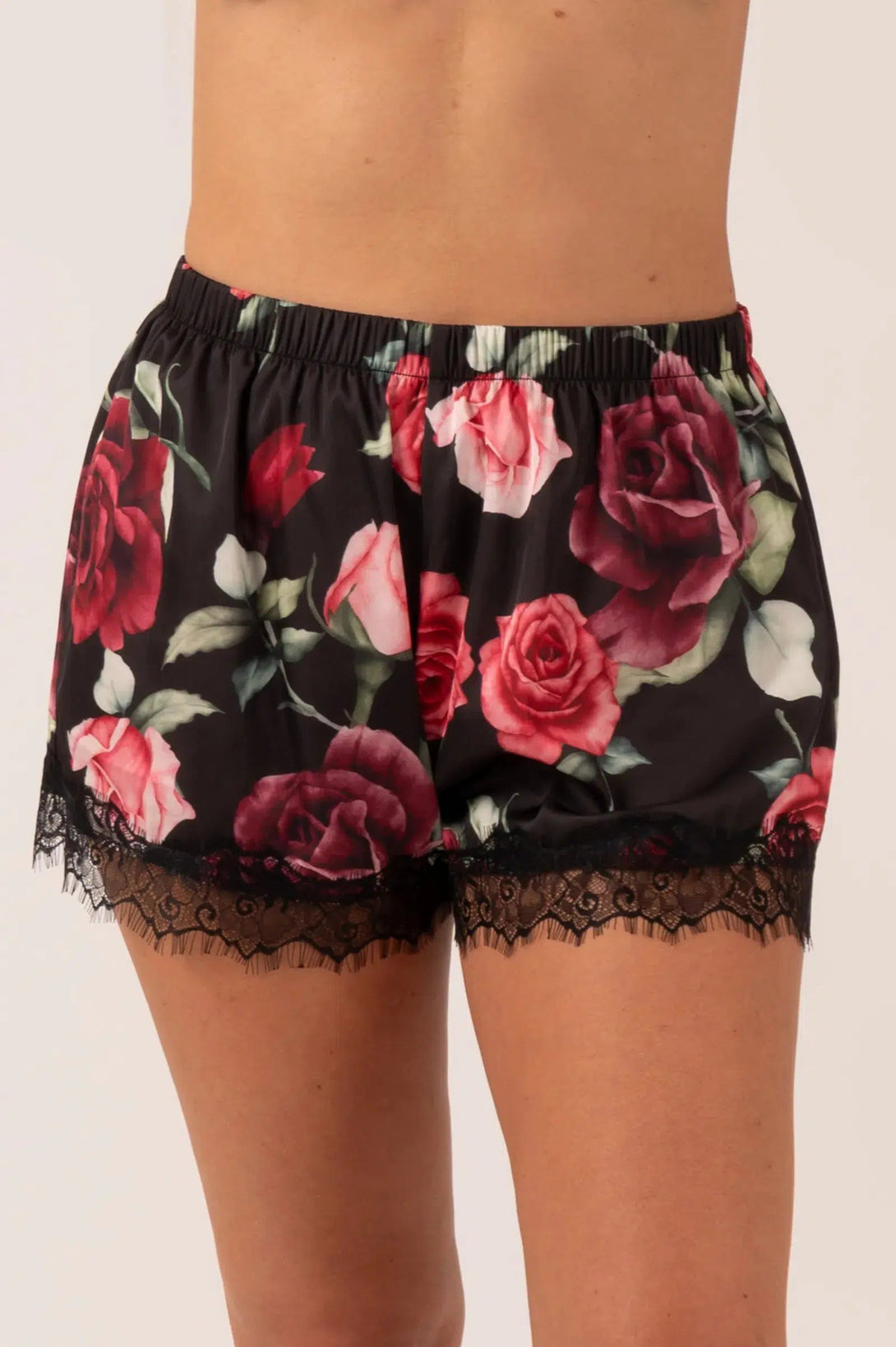 Satin Lace Trim Short - Black Wild Roses-Activewear-Exoticathletica