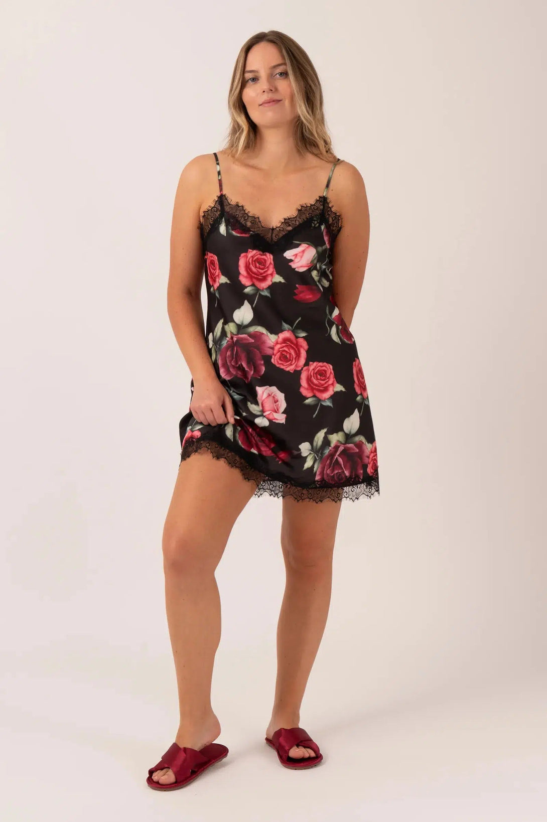 Satin Lace Trim Slip Nightie - Black Wild Roses-9358328389385-Activewear-Exoticathletica