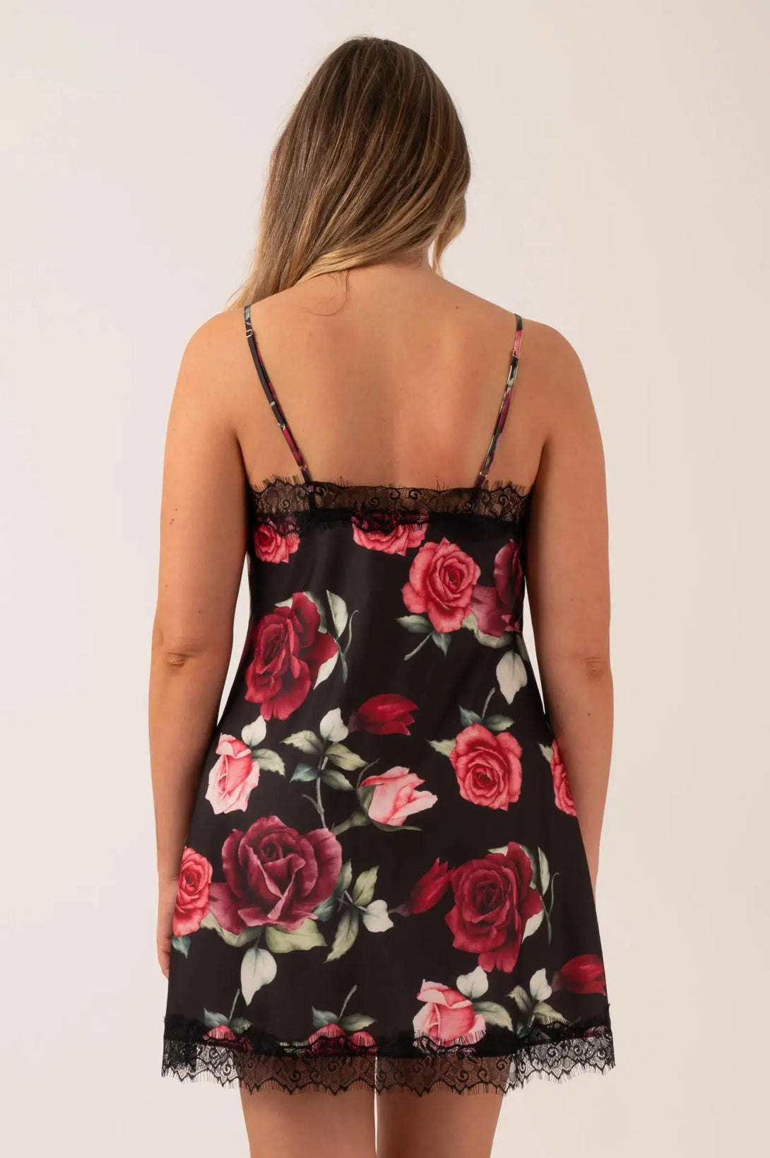 Satin Lace Trim Slip Nightie - Black Wild Roses-Activewear-Exoticathletica