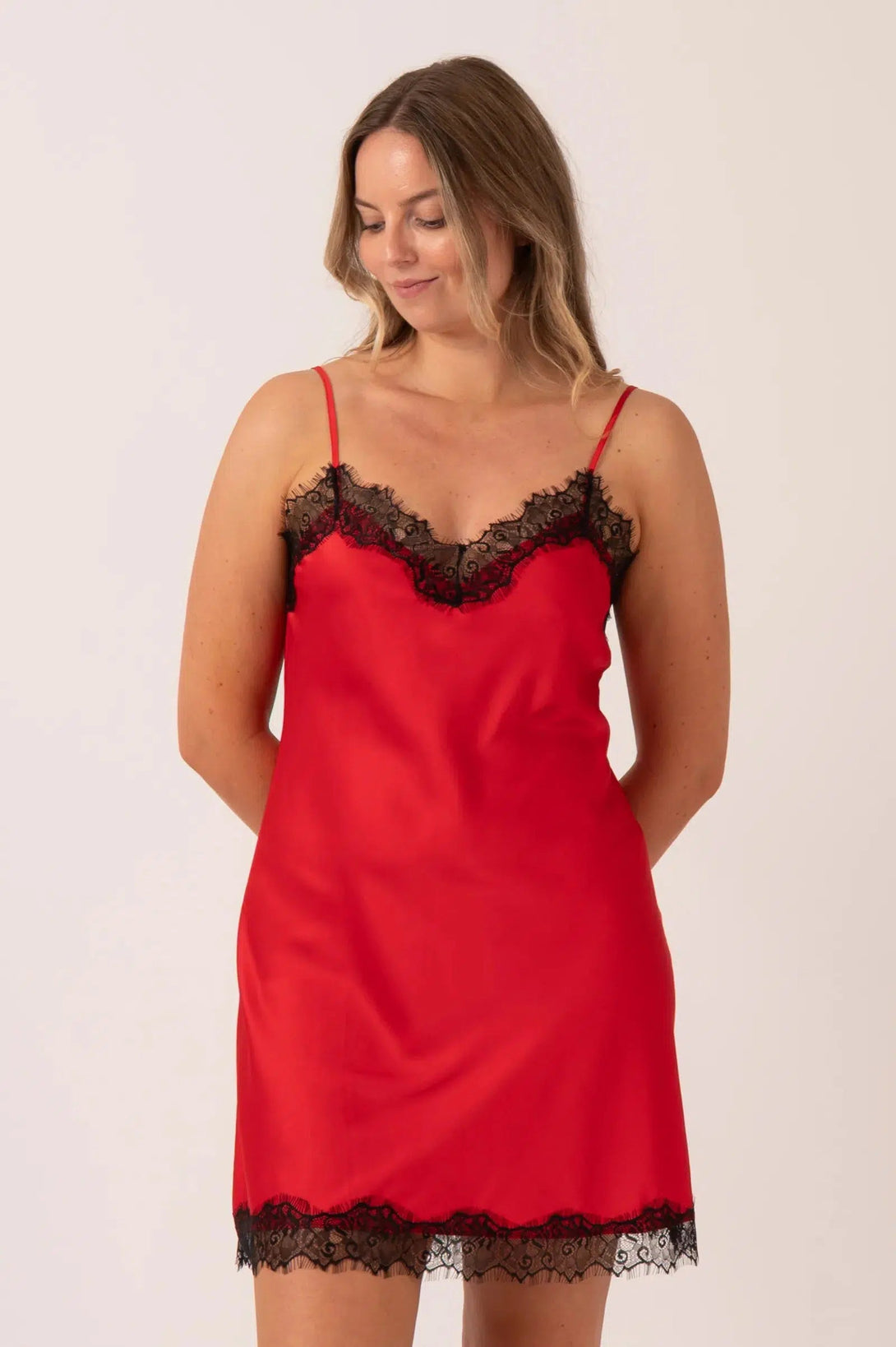 Satin Lace Trim Slip Nightie - Red-9358328390312-Activewear-Exoticathletica