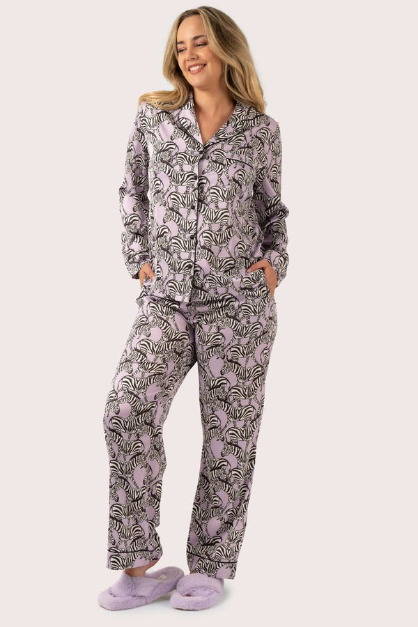 Satin Long Sleeve Button Up Shirt & Pants Pyjama Set - Lilac Zebra Zen-Activewear-Exoticathletica