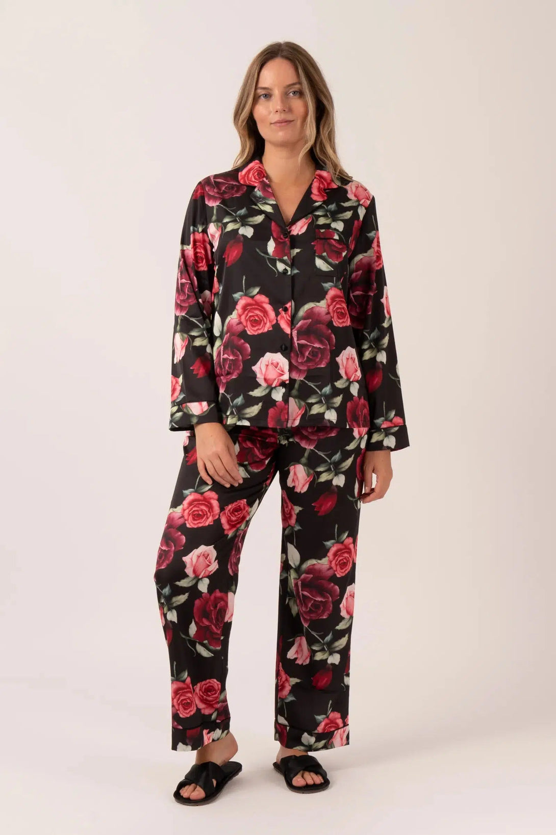 Satin Long Sleeve Buttons Shirt & Pants Pyjama Set - Black Wild Roses-9358328390015-Activewear-Exoticathletica