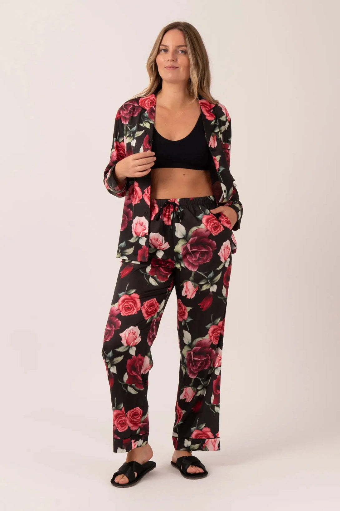 Satin Long Sleeve Buttons Shirt & Pants Pyjama Set - Black Wild Roses-Activewear-Exoticathletica