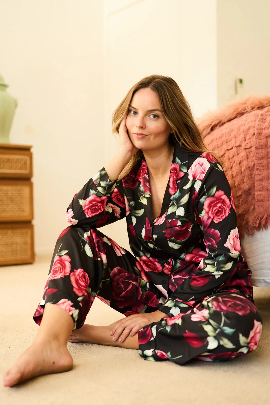 Satin Long Sleeve Buttons Shirt & Pants Pyjama Set - Black Wild Roses-Activewear-Exoticathletica