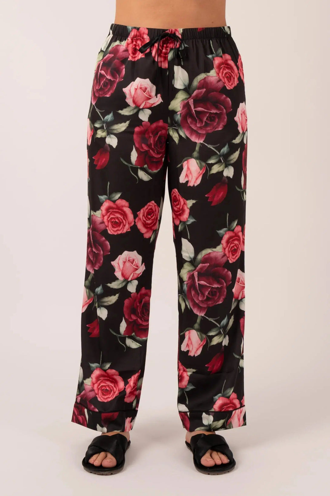 Satin Long Sleeve Buttons Shirt & Pants Pyjama Set - Black Wild Roses-Activewear-Exoticathletica