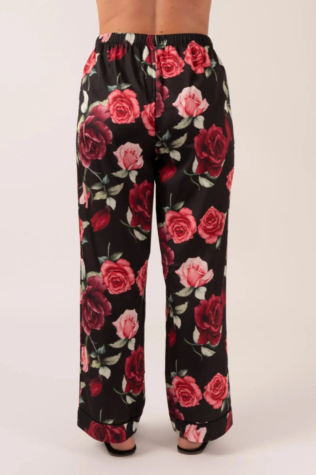 Satin Long Sleeve Buttons Shirt & Pants Pyjama Set - Black Wild Roses-Activewear-Exoticathletica