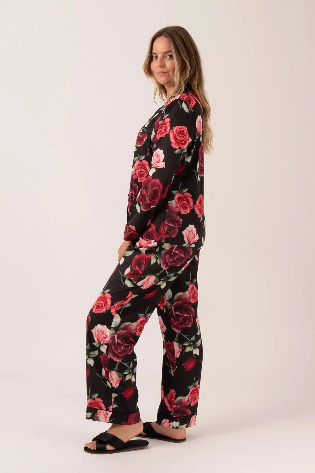 Satin Long Sleeve Buttons Shirt & Pants Pyjama Set - Black Wild Roses-Activewear-Exoticathletica