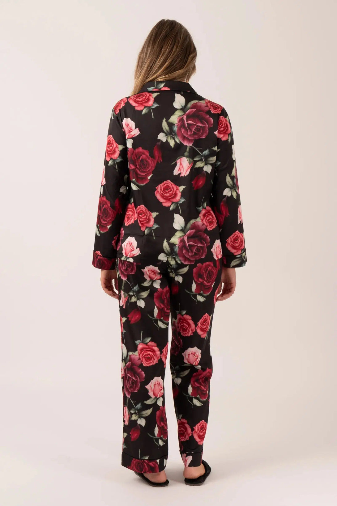 Satin Long Sleeve Buttons Shirt & Pants Pyjama Set - Black Wild Roses-Activewear-Exoticathletica