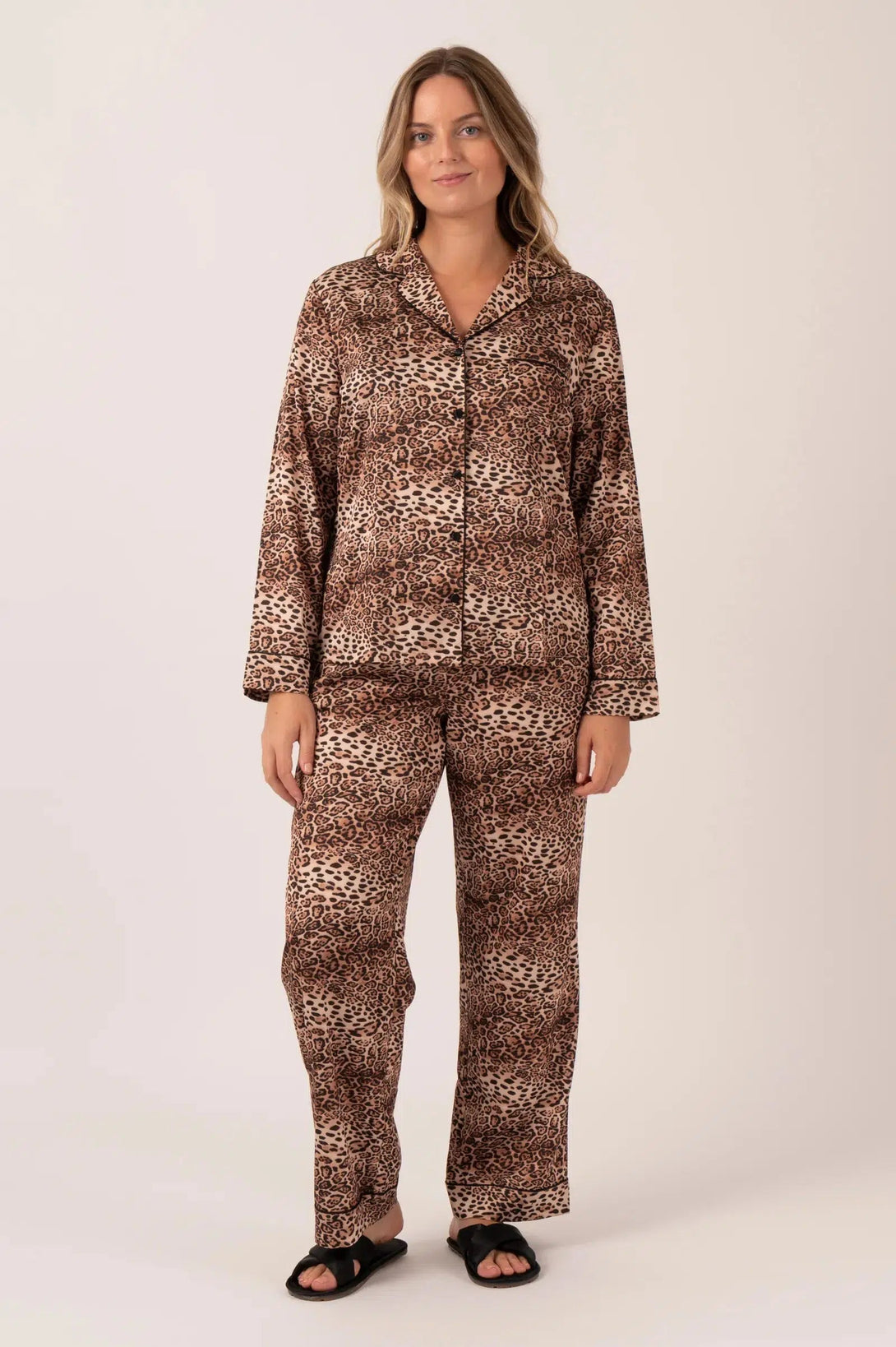 Satin Long Sleeve Buttons Shirt & Pants Pyjama Set - Natural Primal Animal-Activewear-Exoticathletica