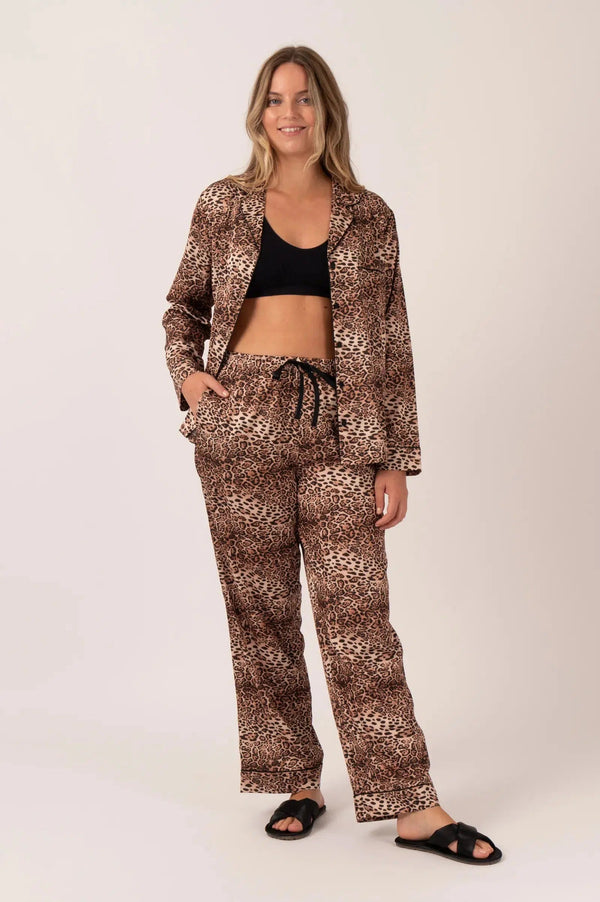 Satin Long Sleeve Buttons Shirt & Pants Pyjama Set - Natural Primal Animal-Activewear-Exoticathletica