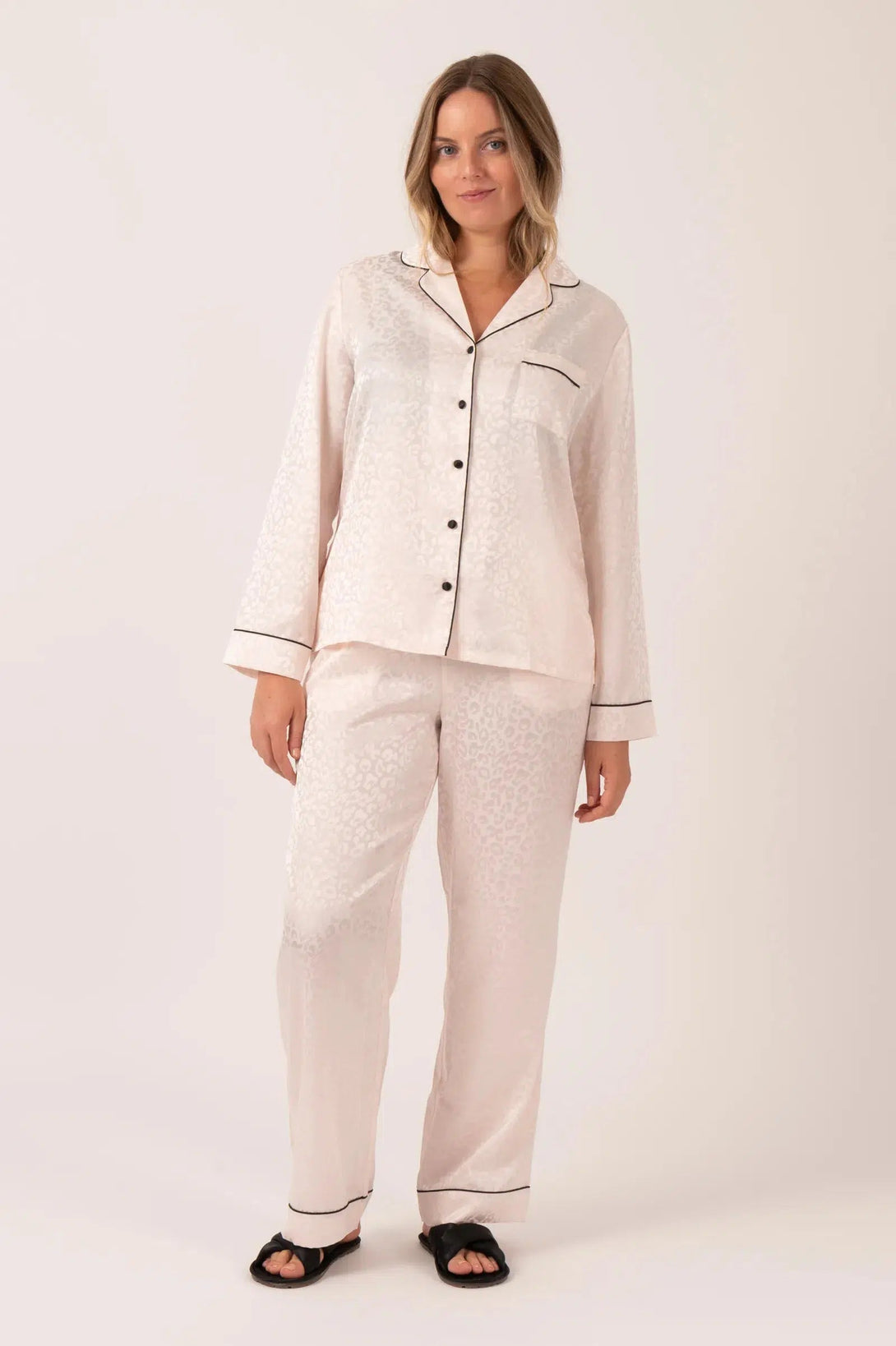 Satin Long Sleeve Buttons Shirt & Pants Pyjama Set - Nude Leopard Jacquard-9358328390091-Activewear-Exoticathletica