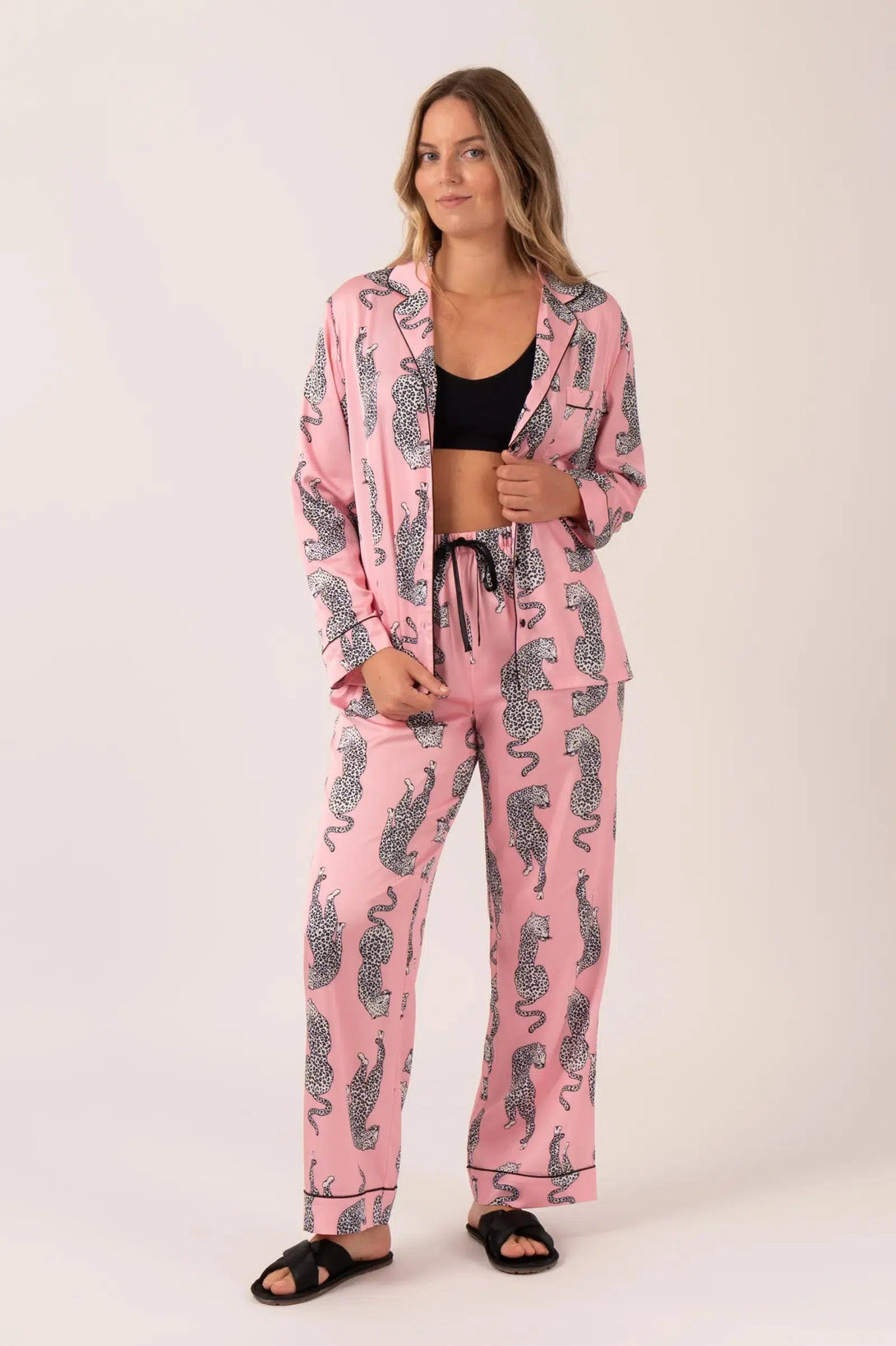 Satin Long Sleeve Buttons Shirt & Pants Pyjama Set - Pink Leopard-Activewear-Exoticathletica