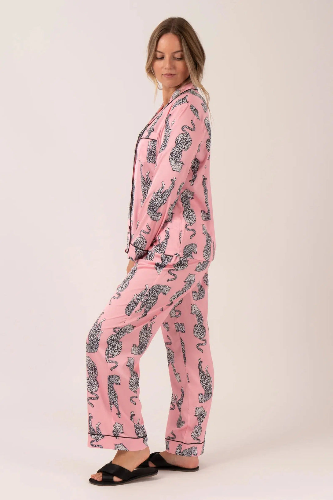 Satin Long Sleeve Buttons Shirt & Pants Pyjama Set - Pink Leopard-Activewear-Exoticathletica