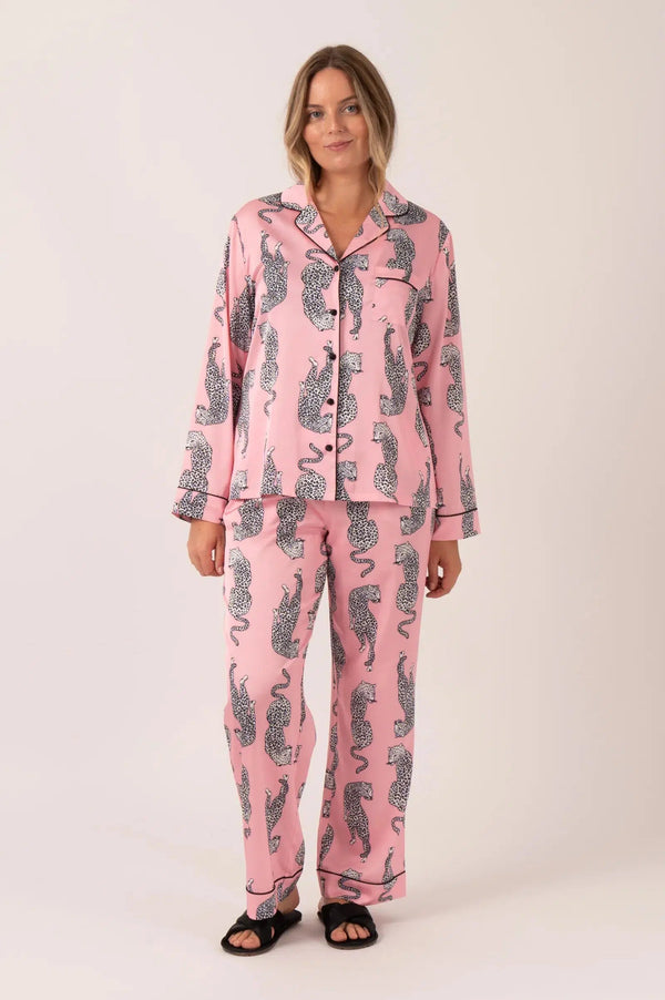 Satin Long Sleeve Buttons Shirt & Pants Pyjama Set - Pink Leopard-Activewear-Exoticathletica